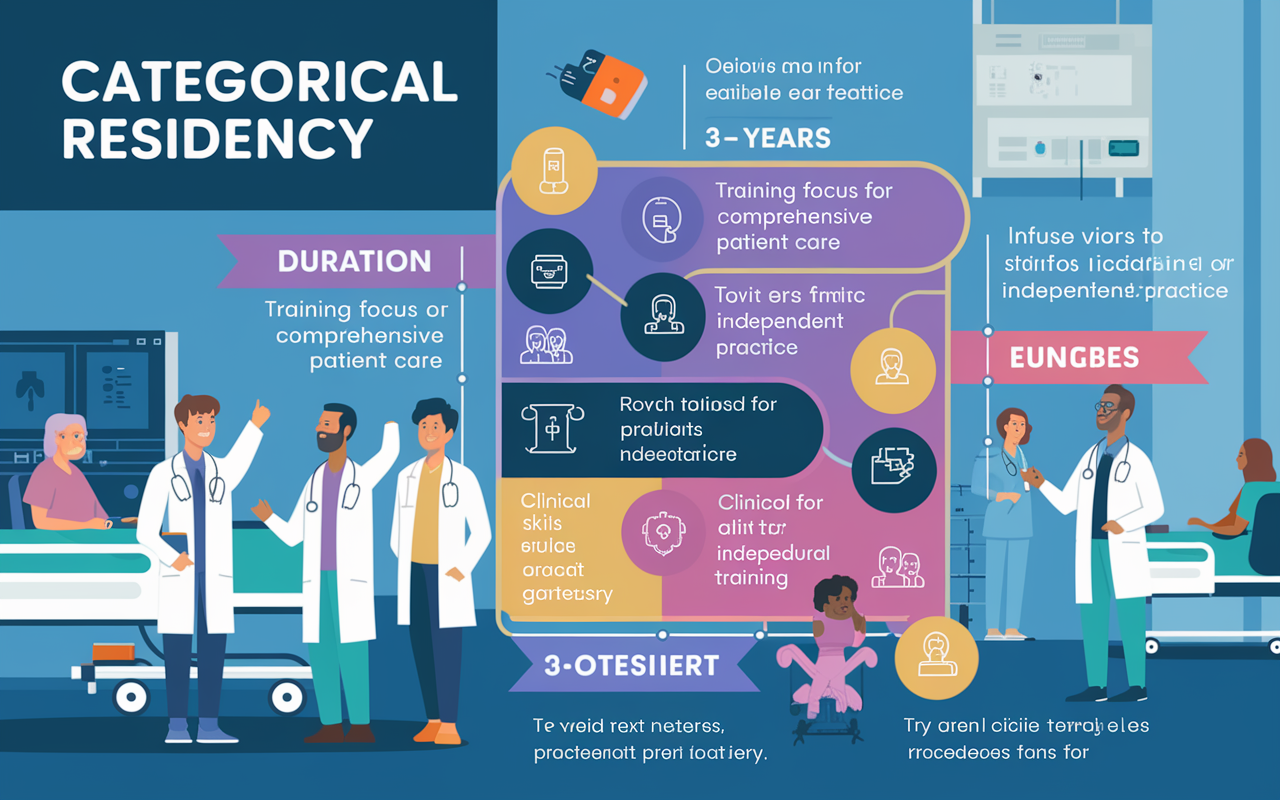 A detailed infographic-style illustration depicting the structure of a categorical residency. The background features a hospital setting with doctors and patients. Sections should highlight the duration (3-7 years), training focus on comprehensive patient care, and goals for independent practice. Infuse vibrant colors for clarity and interest, using icons to represent clinical skills and procedural training.