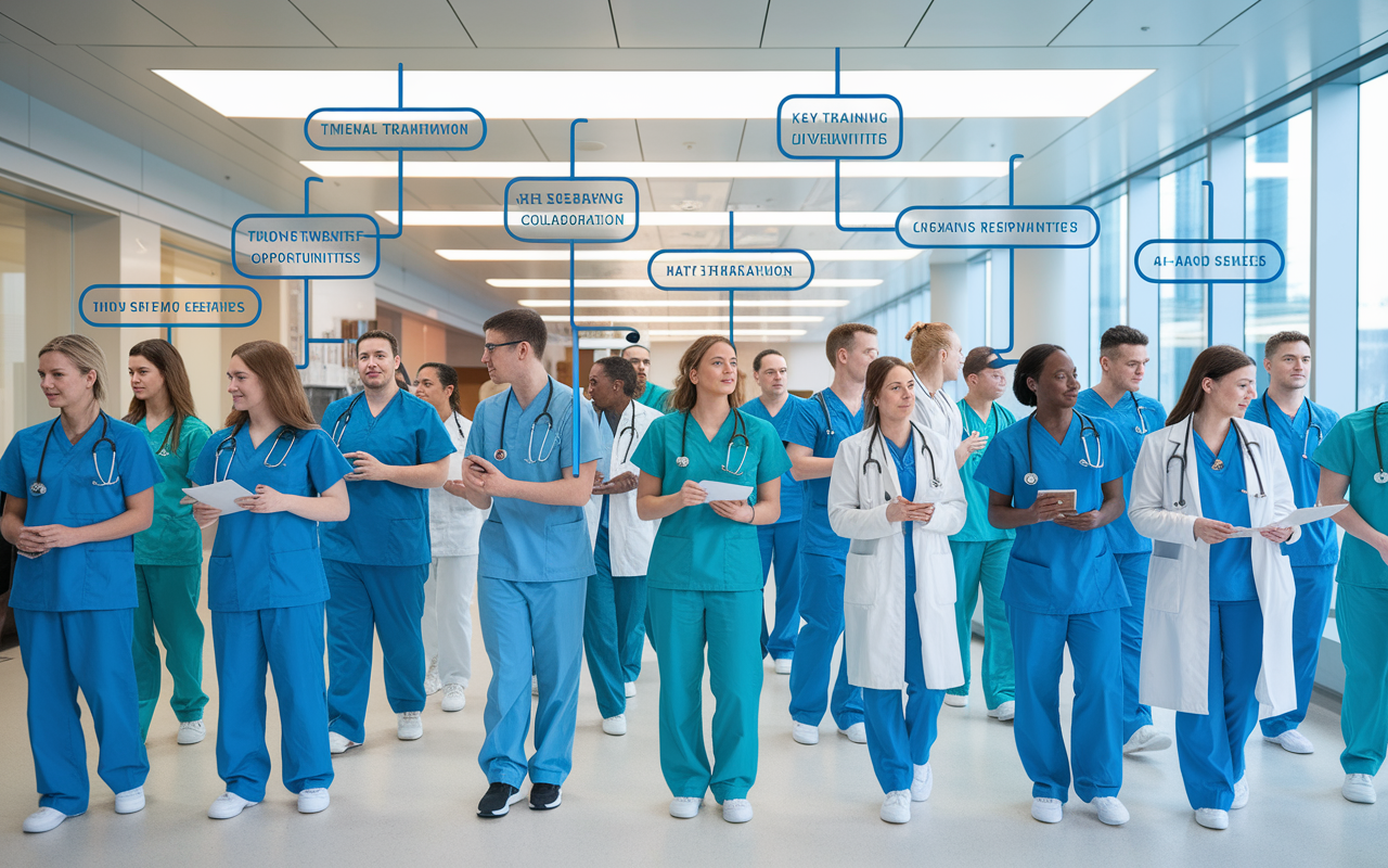 An informative visual representation of a preliminary residency at a bustling hospital. Showcase a group of medical residents in scrubs engaging in various rotations across specialties such as internal medicine, surgery, and pediatrics. The scene should reflect diversity and collaboration, with bright lighting to symbolize opportunities. Include timelines and key training elements in neat boxes for clarity.