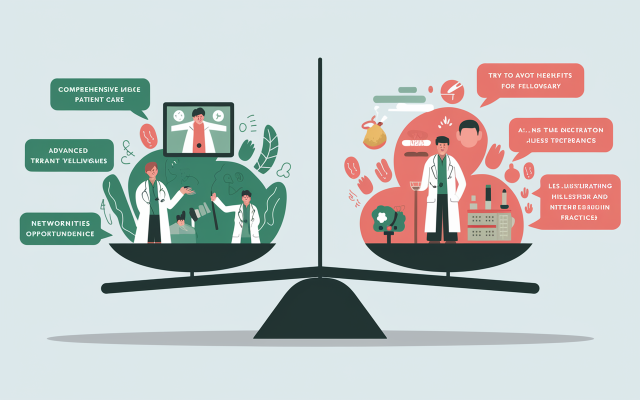 A balanced scale illustration representing the pros and cons of categorical residency. On the pro side, depict images that signify comprehensive patient care, advanced training, and networking opportunities, using green and vibrant colors. Include text boxes highlighting benefits such as the chance for fellowships and independence in practice.