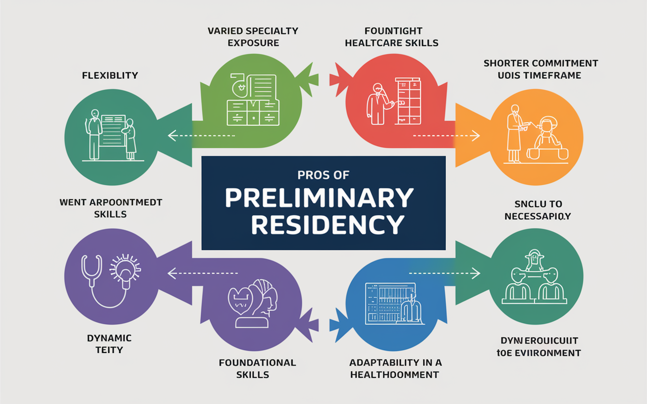 A visual diagram illustrating the pros of preliminary residency. Highlight features such as flexibility, varied specialty exposure, and a shorter commitment timeframe using bright, inviting colors. Include symbols for exploration, foundational skills, and adaptability in a dynamic healthcare environment.