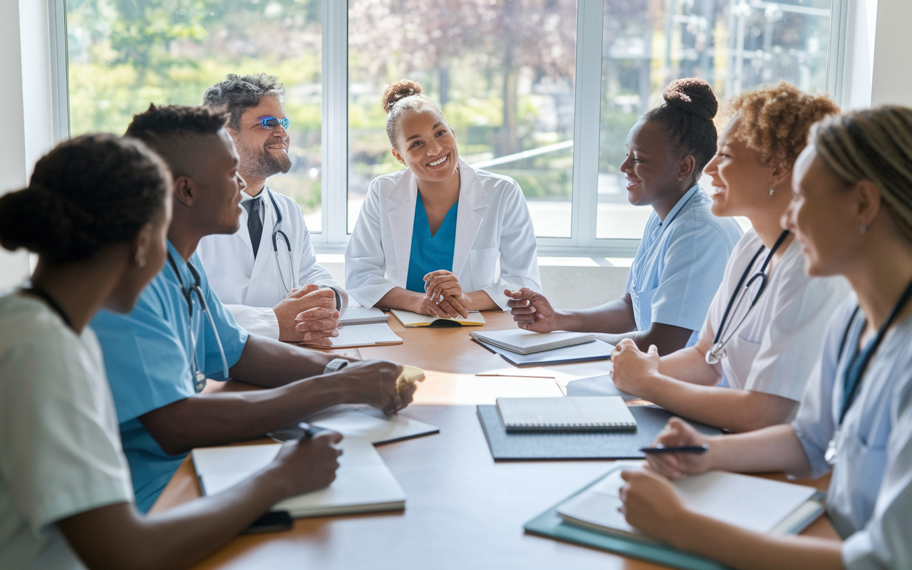 A diverse group of medical residents gathered around a table in a bright study room, engaged in discussions and collaborative learning. The atmosphere is warm and friendly, with notebooks, medical texts, and laptops scattered across the table. A window reveals a sunny day outside, symbolizing hope and connection. The residents display a mix of different ethnic backgrounds, highlighting diversity in medicine. Soft, natural light streaming in, creating a productive environment.