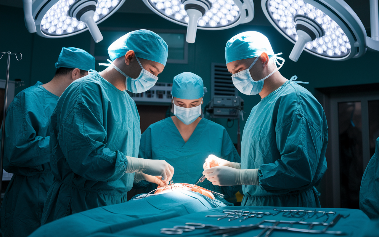 A medical resident in scrubs actively participating in a surgical rotation, standing next to a seasoned surgeon in the operating room. The scene is action-packed, with surgical instruments and bright operating lights. The resident displays eagerness and concentration while observing the procedure, with a backdrop of surgical team members working with precision. The atmosphere conveys a sense of responsibility and excitement surrounding the surgical experience. Photorealistic detail with bright lighting effects.