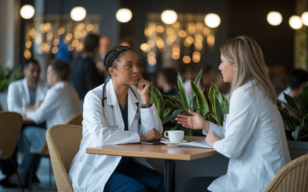 A medical resident sitting at a café table with a close friend and mentor, discussing experiences and challenges faced during residency. The ambiance is relaxed and supportive, with cozy lighting and plant decor. The resident appears contemplative and appreciative, while the mentor provides reassuring advice. The background shows soft, blurred patterns of people chatting in the café, emphasizing connection and support in the medical field.