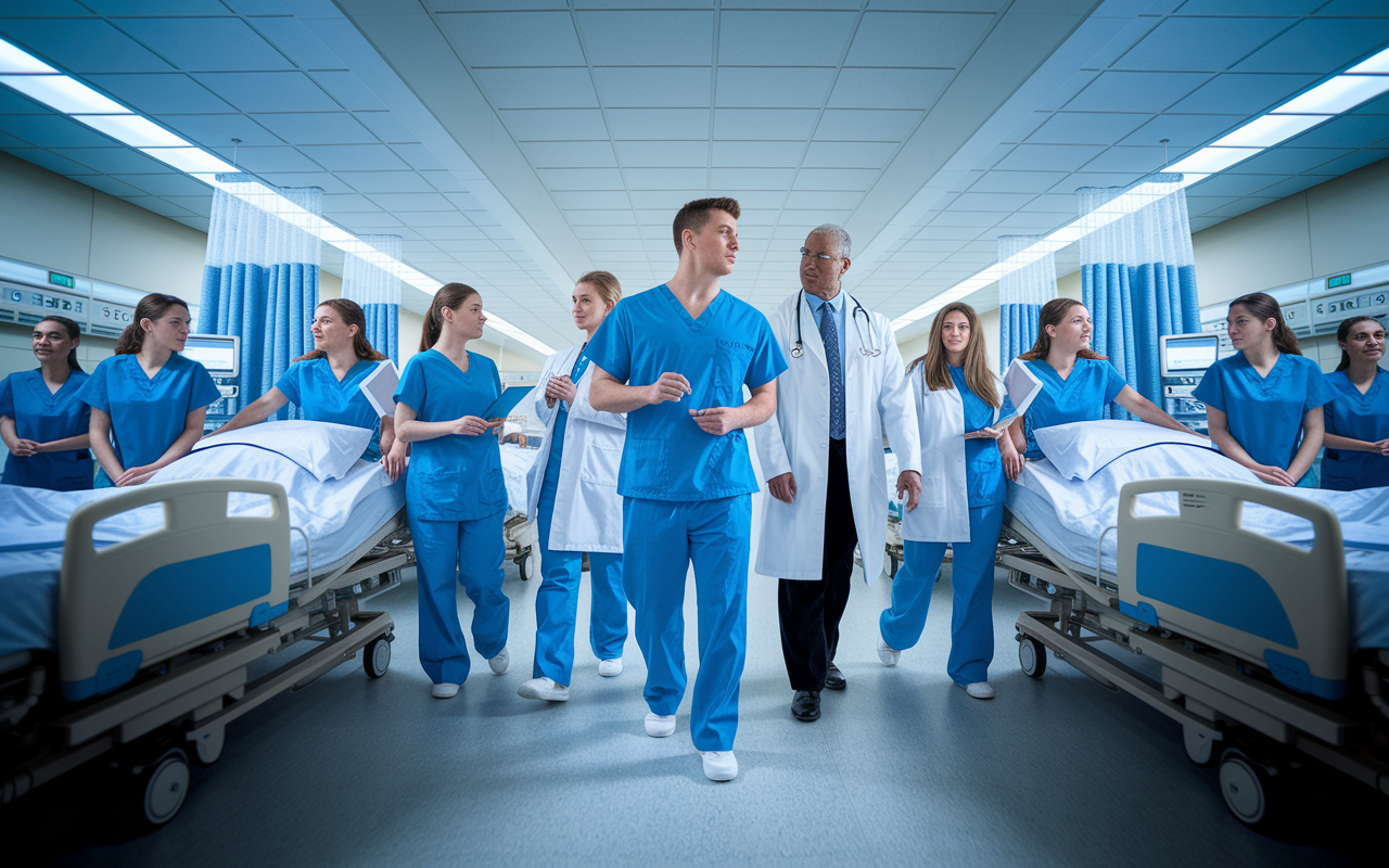 A young male resident in blue scrubs actively participating in a round with a doctor and a group of medical students in a bustling hospital ward. There are patients in beds, medical charts in hand, and nurses bustling, creating a sense of urgency and learning. Bright, clinical lights illuminate the scene, conveying a high-energy, yet focused environment in which knowledge is shared and gained. Emphasis on the interconnectedness of the healthcare team.