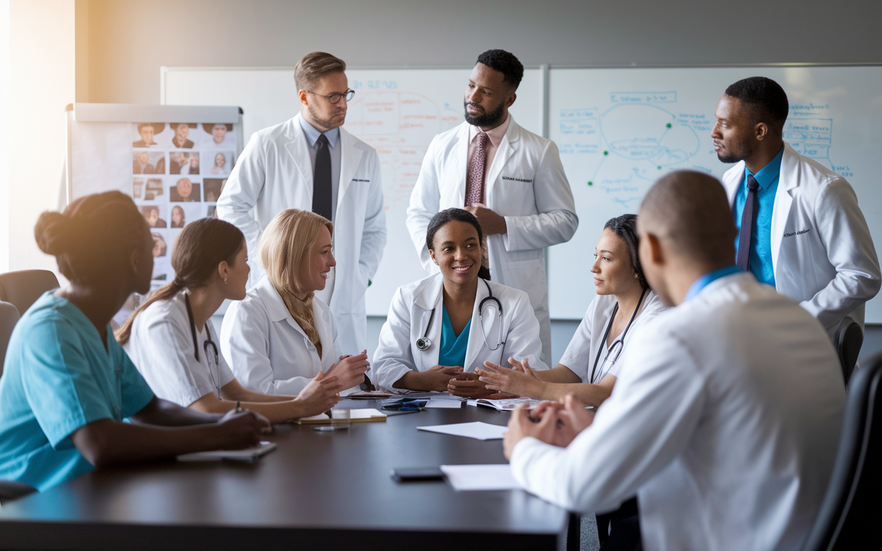 A group of medical professionals in a collaborative discussion, gathered around a conference table in a well-lit meeting room. Some residents are sharing ideas, while others listen attentively, showcasing a mix of nationalities and genders. Whiteboards filled with notes and diagrams in the background enhance the atmosphere of teamwork and shared learning. The lighting is warm and inviting, promoting a sense of community and shared ambition.