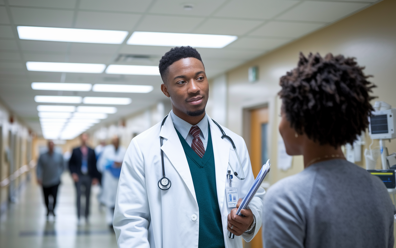 A medical resident in a white coat, standing in a bustling hospital corridor, interacting with a patient in a clinical setting. The resident demonstrates attentiveness, with medical charts in hand and medical equipment visible in the background. Depict a realistic portrayal of clinical training with bright fluorescent lights overhead, emphasizing the fast-paced hospital environment.