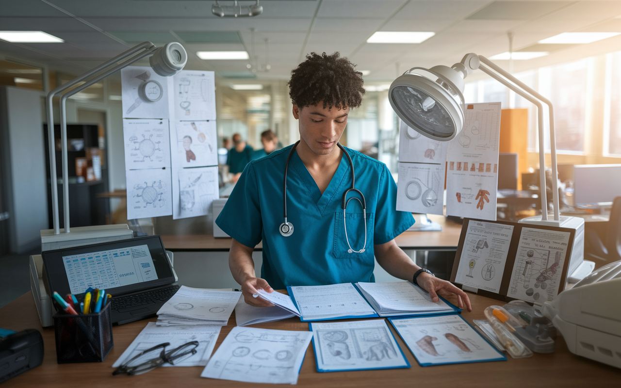 A young resident surrounded by diverse medical equipment, examining a variety of medical charts in an office setting filled with diagrams and information on different specialties. The scene illustrates curiosity and exploration, with soft, warm lighting that enhances the atmosphere of discovery and potential.