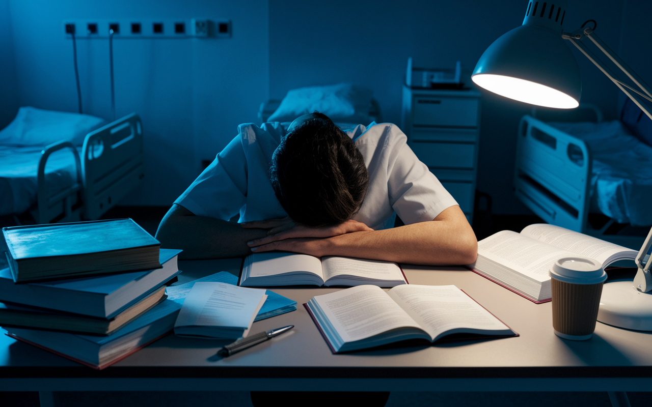 A exhausted medical resident slumped over their desk late at night in a hospital, surrounded by open textbooks, medical notes, and empty coffee cups. The room has a stark yet realistic ambiance, illuminated by the eerie glow of a desk lamp, casting soft shadows, emphasizing feelings of fatigue and stress in a demanding profession.