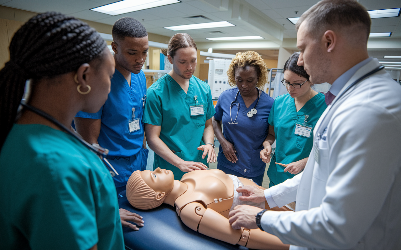 An intimate training session in a hospital, where medical residents practice clinical skills on mannequins. A group of diverse residents, focused and engaged, is gathered around a simulation mannequin. One resident is performing a mock examination while an instructor provides guidance. The room is well-lit, with medical tools and charts in the background, and the atmosphere is both educational and supportive.