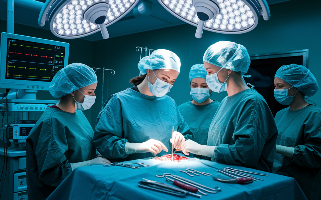 A dynamic surgical scene in an operating room, showing Dr. Julia, a focused young surgeon, as she skillfully performs surgery. The room is filled with lights illuminating the surgical field, with nurses and surgical assistants attentively supporting her. Tools and monitors display vital signs as an atmosphere of concentration and urgency fills the air. Surgical drapes create a sterile environment, emphasizing professionalism and dedication to patient care.