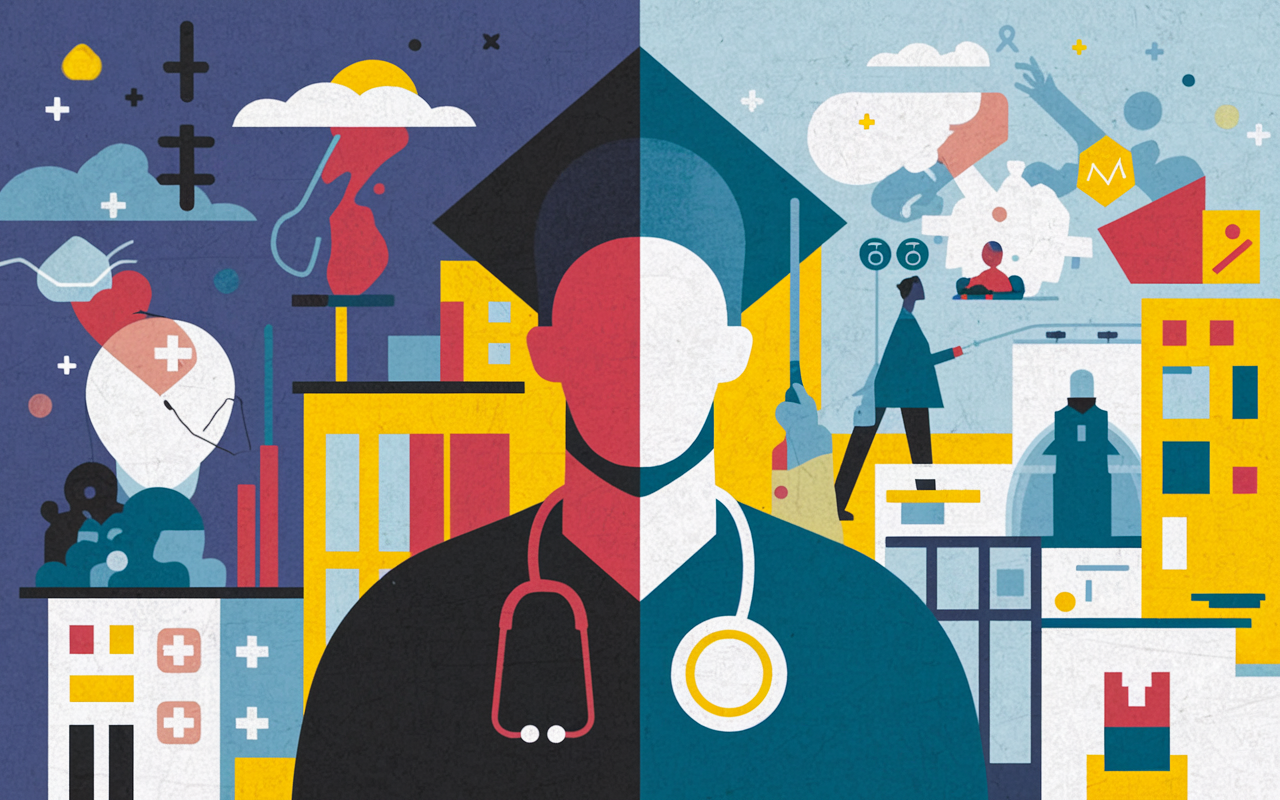 An artistic depiction of a medical graduate's journey highlighting the transition from medical school to residency. The image shows a split scene: on one side, graduation with caps and gowns, while on the other side, a medical resident performing tasks in a hospital environment. Colorful elements represent the challenges and excitement of the preliminary year, with uplifting tones to reflect hope and ambition.