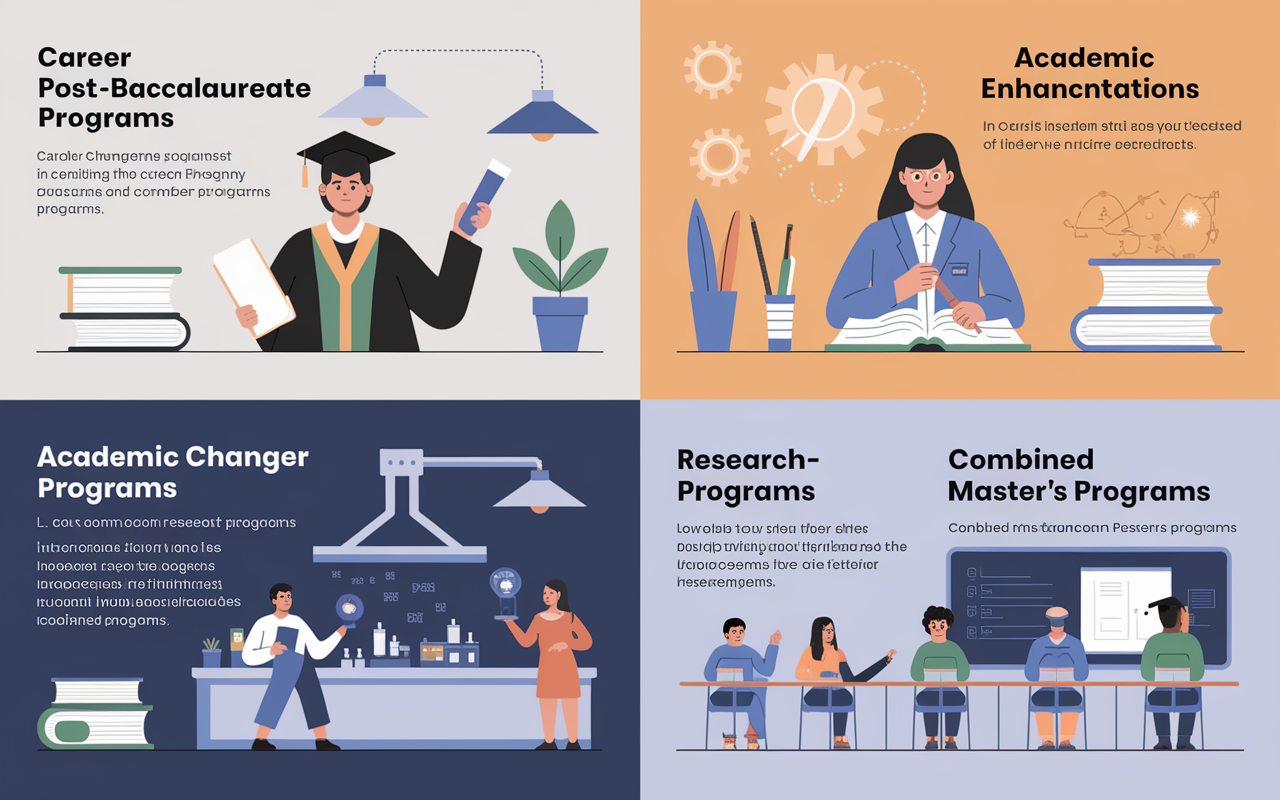 A detailed infographic showcasing the various types of Post-Baccalaureate Programs. Sections labeled as Career Changer Programs, Academic Enhancement Programs, Research-Oriented Programs, and Combined Master’s Programs. Each section features visual representations: a graduate holding a diploma for Career Changer Programs, a student studying intensively for Academic Enhancement Programs, a lab scene for Research Programs, and students in a lecture for Combined Master’s Programs. The design is modern and educational, with a soft color palette.