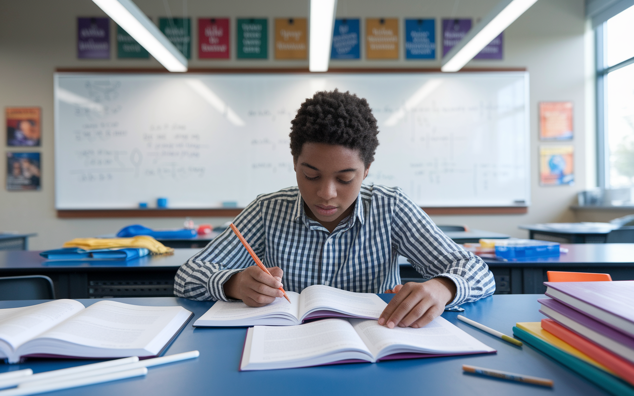 A focused young student in a modern classroom setting, diligently studying biology and chemistry textbooks at a desk. A whiteboard filled with complex equations in the background and various academic supplies spread out. The lighting is bright and encouraging, with motivational posters on the walls, creating a vibrant learning atmosphere.