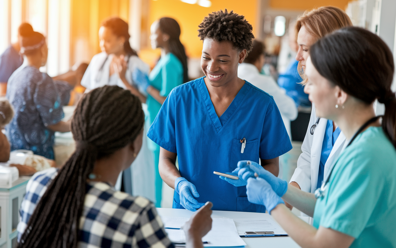 A medical student in scrubs volunteering in a bustling clinic. They are interacting with patients and assisting medical staff, surrounded by healthcare professionals. The clinic is vibrant, with medical equipment visible and patients being treated in the background. The atmosphere conveys a sense of compassion and active learning, with warm, natural lighting creating a welcoming environment.