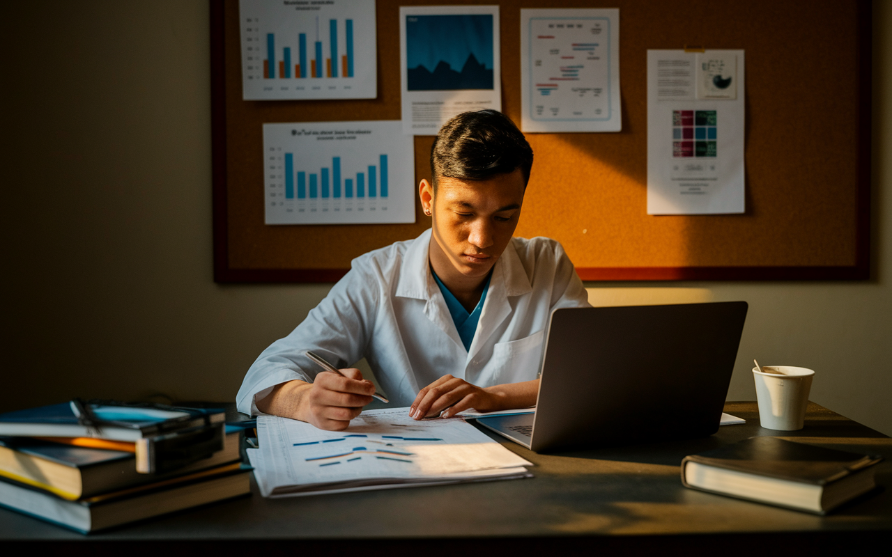 A solitary medical student sitting at a desk closely analyzing their match results on a laptop, surrounded by medical books, notes, and a cup of coffee. The room is dimly lit, casting warm golden light over the scene, emphasizing the student’s contemplative expression. Charts and graphs from the Medical Student Performance Evaluation (MSPE) are pinned on a bulletin board behind them, indicating a reflective analysis of their application and a sense of resolve for improvement.