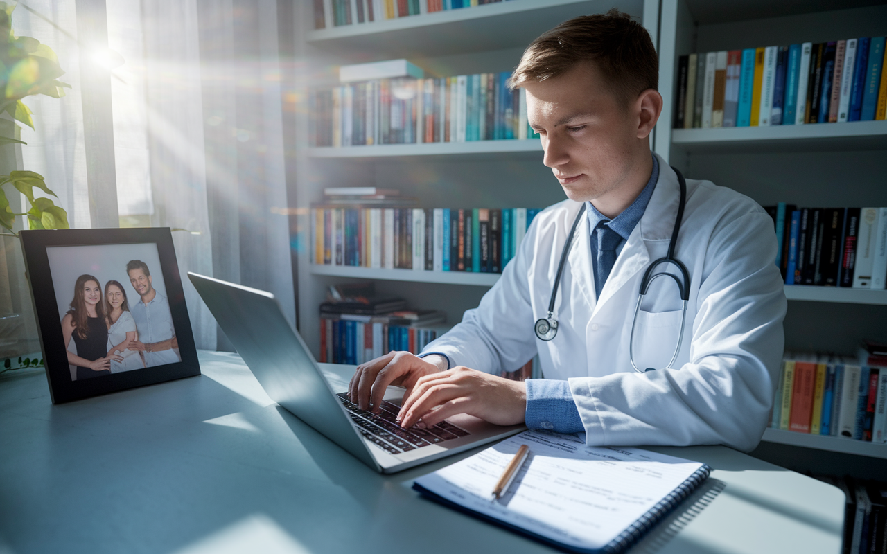 A focused medical student typing their personal statement on a laptop in a cozy study environment with bookshelves filled with medical literature. Sunlight streams through a window, creating a soft, inviting atmosphere. On the desk, a notepad filled with notes and ideas for improvement, along with a framed picture of family providing motivation, illustrating the student's journey and emotional depth in their writing.