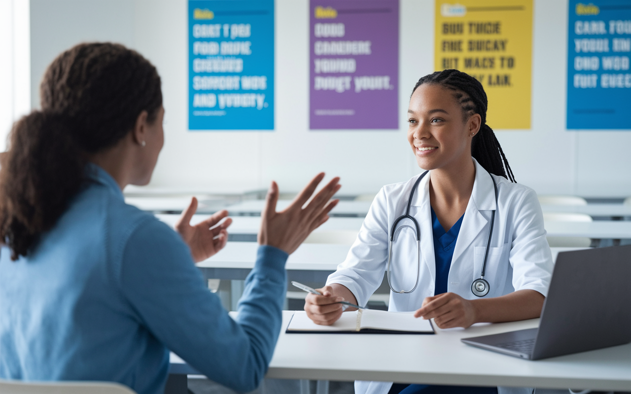 A medical student engaging in a mock interview session in a bright, modern classroom. Sitting across from a mentor, the student exhibits a confident posture with notes and a laptop in front. The room is filled with motivational quotes and medical posters, creating an atmosphere of growth and learning. The mentor offers feedback, with gestures indicating advice, capturing an attentive and interactive scenario.