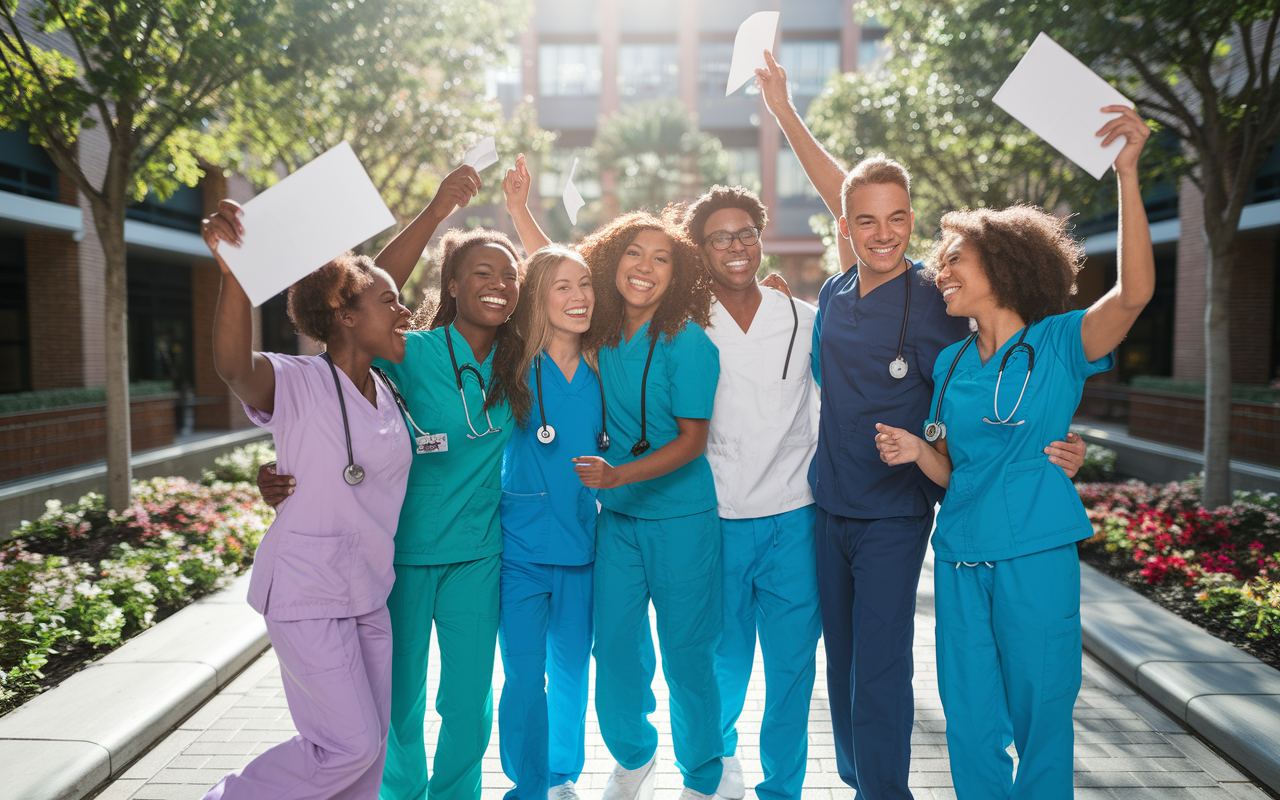 A diverse group of medical students celebrating joyfully after receiving match offers, set in a lively campus courtyard adorned with trees and flowerbeds. The sunlight casts a warm glow as they embrace, share smiles, and raise their acceptance letters in triumph. Their attire reflects a mix of scrubs and casual wear, showcasing a moment of relief and joy, encapsulating the hopeful spirit after navigating the SOAP process.