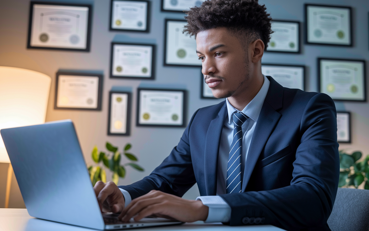 An image of a young medical graduate preparing for a virtual interview, dressed in a smart navy suit, sitting in a well-lit room decorated with medical diplomas. The individual is adjusting their laptop, with a determined expression, and the background subtly hints at their academic achievements, creating an atmosphere of professionalism and readiness. Soft, warm lighting enhances the feelings of anticipation.