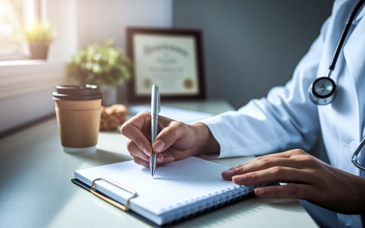 A close-up shot of a medical graduate writing a thank-you note on a stylish notepad, surrounded by a calm study environment, with soft natural light filtering through a window. The scene conveys warmth and sincerity, with personal touches in the background like a coffee cup and a diploma framed on the wall, emphasizing the importance of gratitude and personal connection in professional environments.