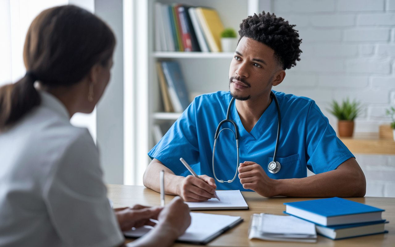 A focused medical candidate sitting in a well-lit room during a mock interview, engaging with a mentor who is taking notes. The candidate displays strong body language with eye contact and an earnest expression, surrounded by medical books and notes, creating an atmosphere of professionalism and determination.