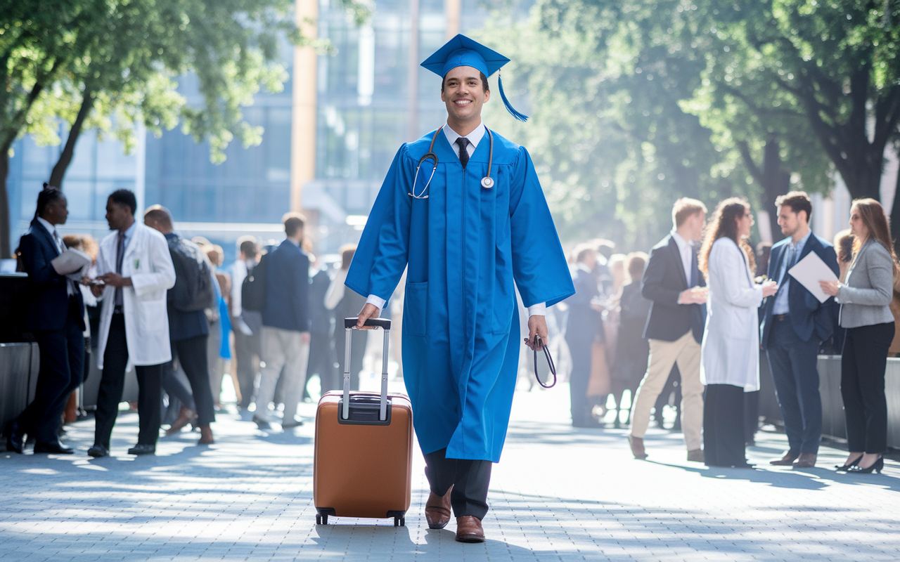 A determined medical graduate walking with a suitcase and a stethoscope in hand, symbolizing the journey through the SOAP process. The scene depicts a vibrant setting of a medical conference or residency fair in the background, with diverse attendees exchanging ideas, conveying hope and determination. Sunlight filtering through trees adds a sense of optimism.