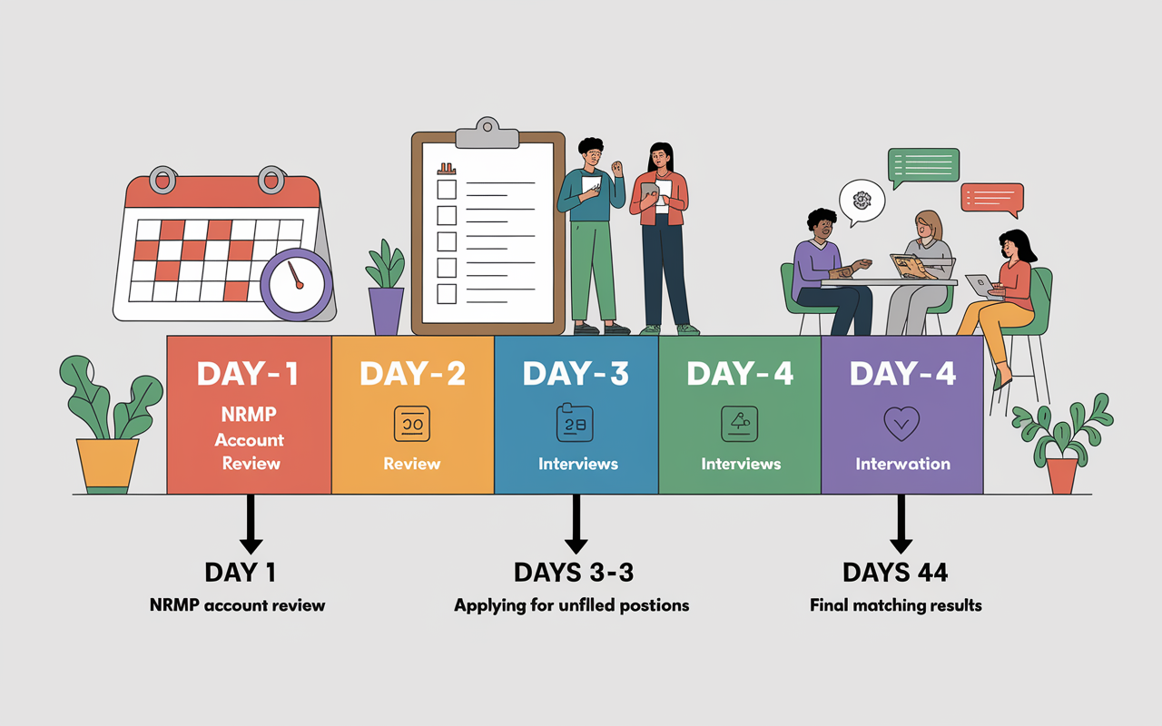 An illustrative timeline chart showcasing the SOAP process, featuring distinct blocks representing each critical day: 'Day 1' - NRMP account review, 'Days 1-2' - applying for unfilled positions, 'Days 2-3' - application reviews, 'Days 3-4' - interviews, and 'Day 4' - final matching results. The imagery should include visual icons representing each step, such as a calendar, clock, clipboard, and people in discussion, all set against a clean, educational backdrop.