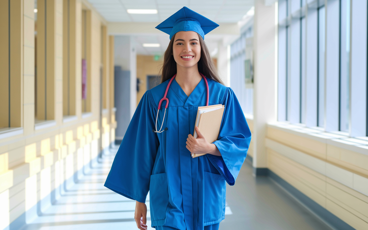 A young medical graduate dressed in professional attire, confidently walking down a bright hospital corridor towards an interview room. The atmosphere is bright and welcoming, with natural light streaming through large windows. The graduate wears a hopeful expression, clutching necessary documents for the interview, embodying resilience and adaptability.