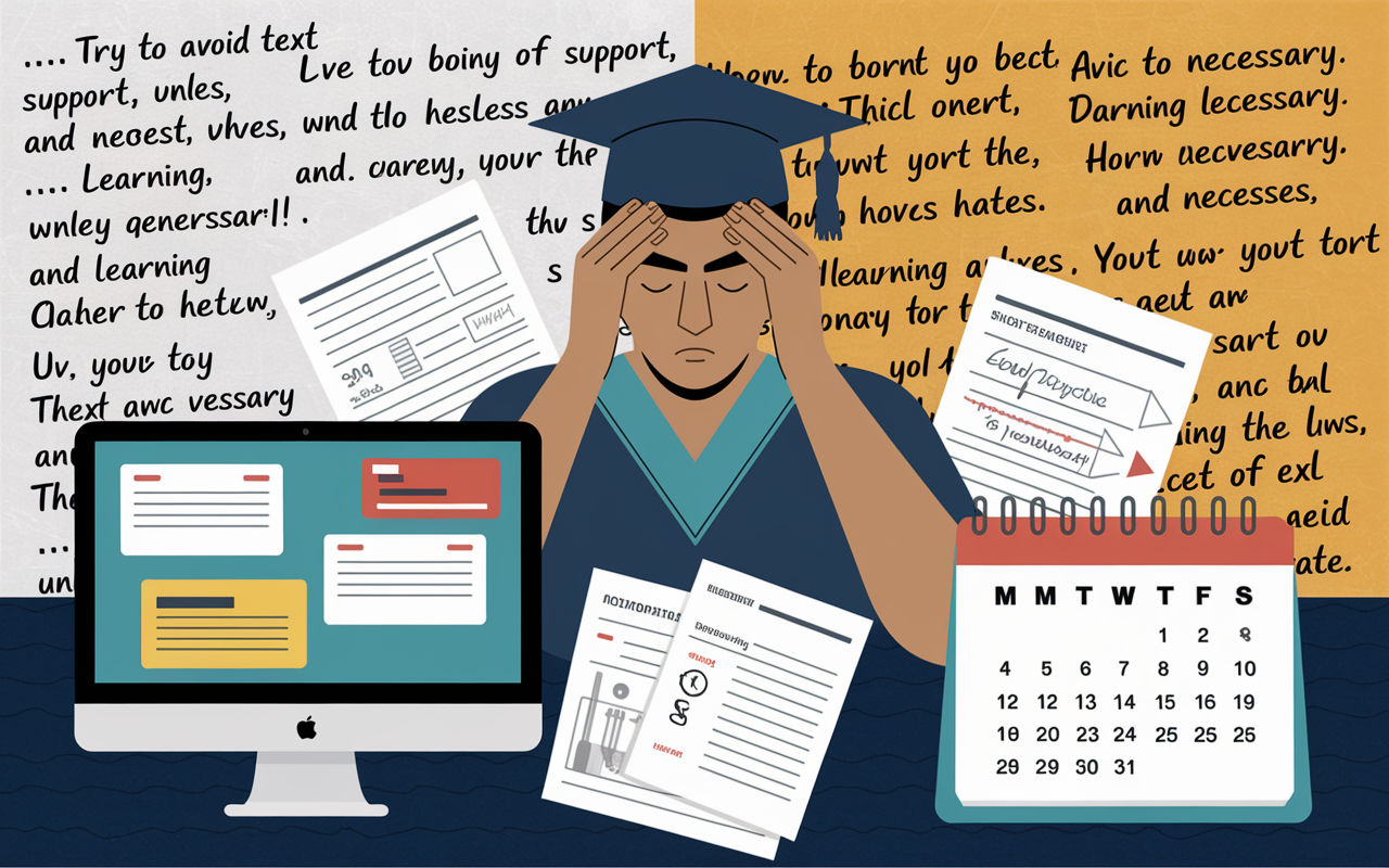 A collage image representing the challenges of the SOAP process: a stressed medical graduate surrounded by paperwork, a computer with email communications displayed, and a calendar depicting important dates. The background is mixed with motivational quotes written on a whiteboard, signifying support, learning, and resilience.