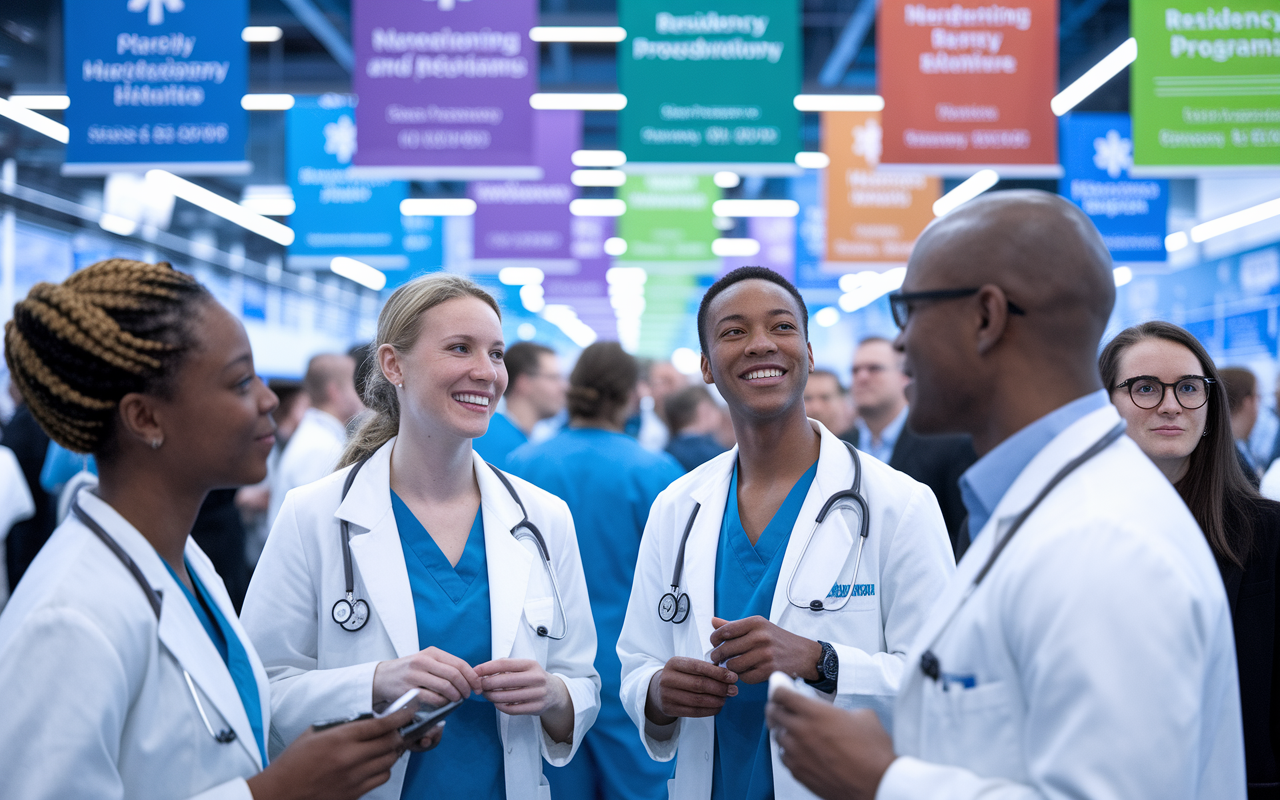 A group of diverse medical professionals engaging in a networking session at a conference. The setting is vibrant, filled with banners from various hospitals and residency programs. Include close-up shots of two professionals, one expressing enthusiasm and the other listening attentively. The atmosphere is filled with hope and ambition, with bright lighting highlighting their focus and aspirations.