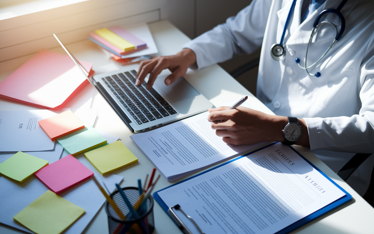 An aspiring medical professional sitting at a desk filled with application materials. The individual is deep in concentration, revising a personal statement on a laptop, surrounded by colorful sticky notes and a clipboard with a detailed CV. Sunlight streams through a window, creating a hopeful and productive atmosphere.