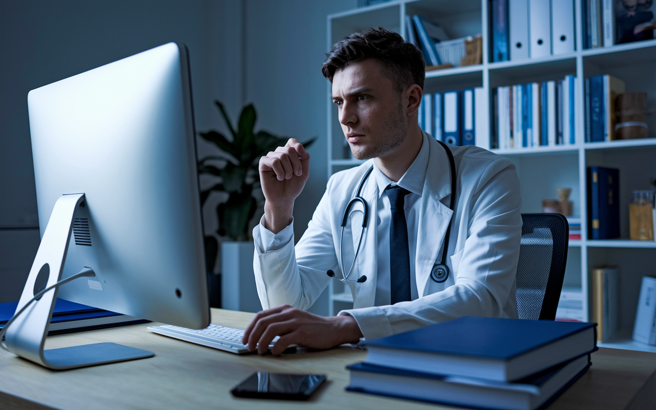 A focused medical candidate in formal attire, practicing for a virtual interview in a tidy home office. The candidate sits in front of a computer with the camera set, surrounded by books about medicine and career development. The mood is tense yet hopeful, captured in soft lighting with a hint of anxiety and preparation.