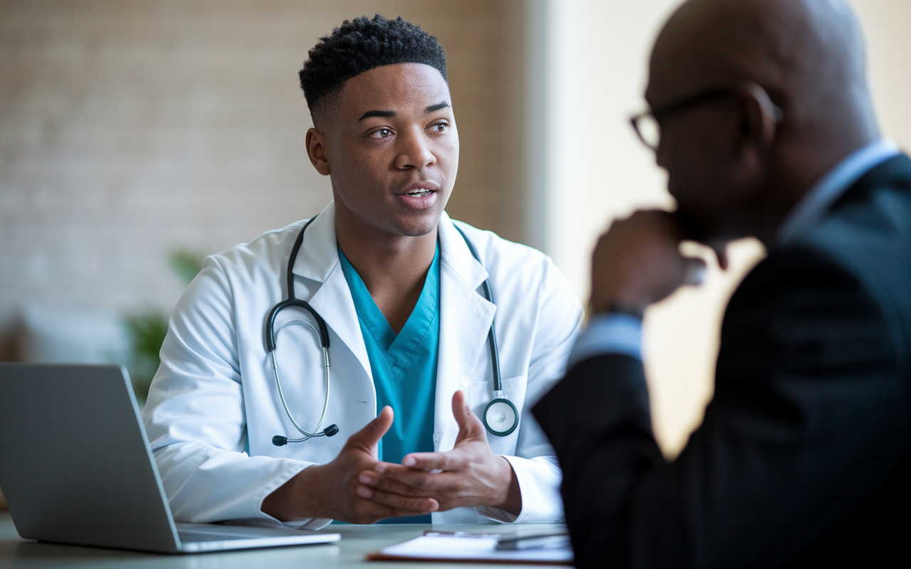 An earnest medical candidate conversing with a program director via video call. The candidate, looking focused, speaks about their unique experiences and aspirations while the director nods thoughtfully. The environment is professional, with an aura of mutual respect and understanding.