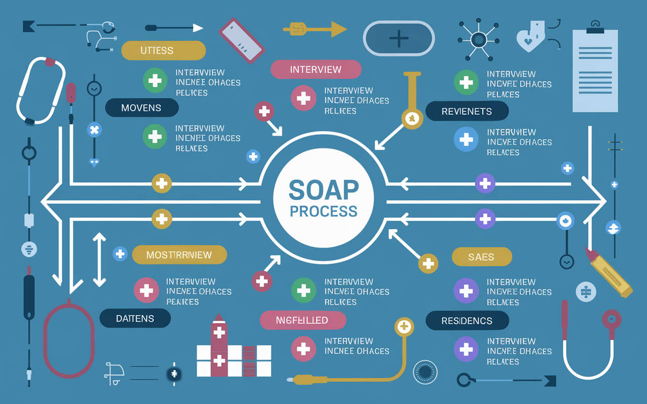 An infographic depicting the SOAP process timeline, featuring key dates and stages. Visual elements include arrows indicating movement through interview phases and positions, colorful icons representing unfilled residency slots. The background is subtly hospital-themed, with stethoscopes and medical symbols woven through the design, creating an informative and engaging visual narrative.