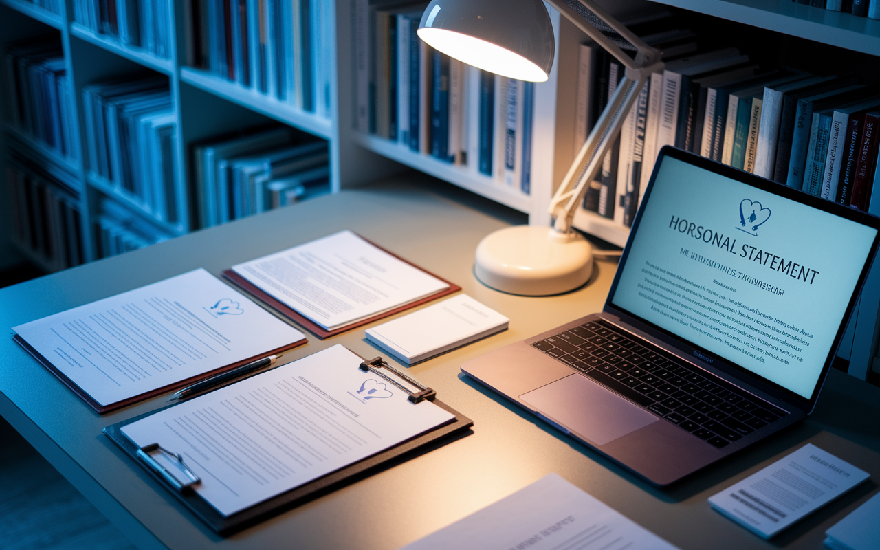 An aesthetically arranged desk displaying medical application materials including a polished CV, a personal statement, and letters of recommendation, with a laptop opened to a hospital's mission statement on the screen. A warm desk lamp casts a soft glow over the scene, creating an atmosphere of intent and preparation. The background includes bookshelves filled with medical literature, symbolizing the depth of knowledge and dedication.