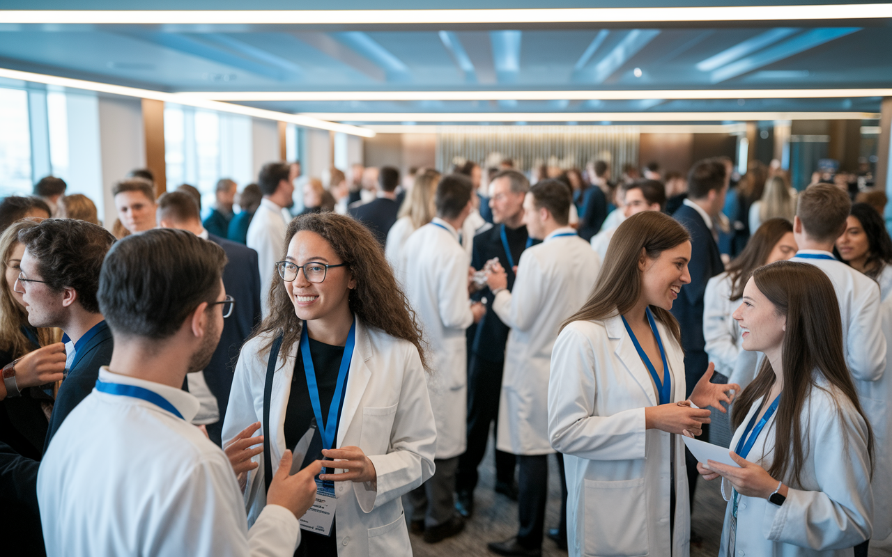 A lively networking event in an upscale conference room filled with enthusiastic medical graduates engaging in conversations. Groups of people are sharing information, exchanging contact details, and discussing potential residency positions. Soft lighting combined with a modern decor creates a welcoming and professional atmosphere, highlighting the importance of connections and collaboration in the medical field.