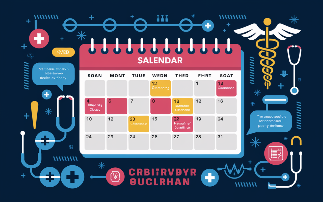 An infographic-style illustration depicting the key timelines and events of the SOAP process. Show a calendar with marked dates indicating the opening of SOAP, communication times for offers, and deadlines for acceptance. The background includes medical symbols, like stethoscopes and caduceus, blending a sense of urgency and organization. Use bright, engaging colors for clarity and focus to enhance the understanding of this critical time in the residency application journey.