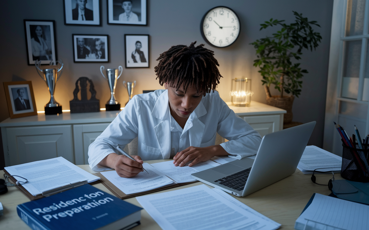 A medical graduate intensely focused while updating their application materials on a laptop at a desk full of papers and a book on residency preparation. The room is cozy and softly lit, reflecting a sense of personal effort and determination. Personal items like photos and academic trophies adorn the space, emphasizing the candidate's journey. A clock on the wall shows late evening hours, portraying the hard work and dedication needed to prepare for SOAP. The atmosphere is charged with a mix of anxiety and hope.