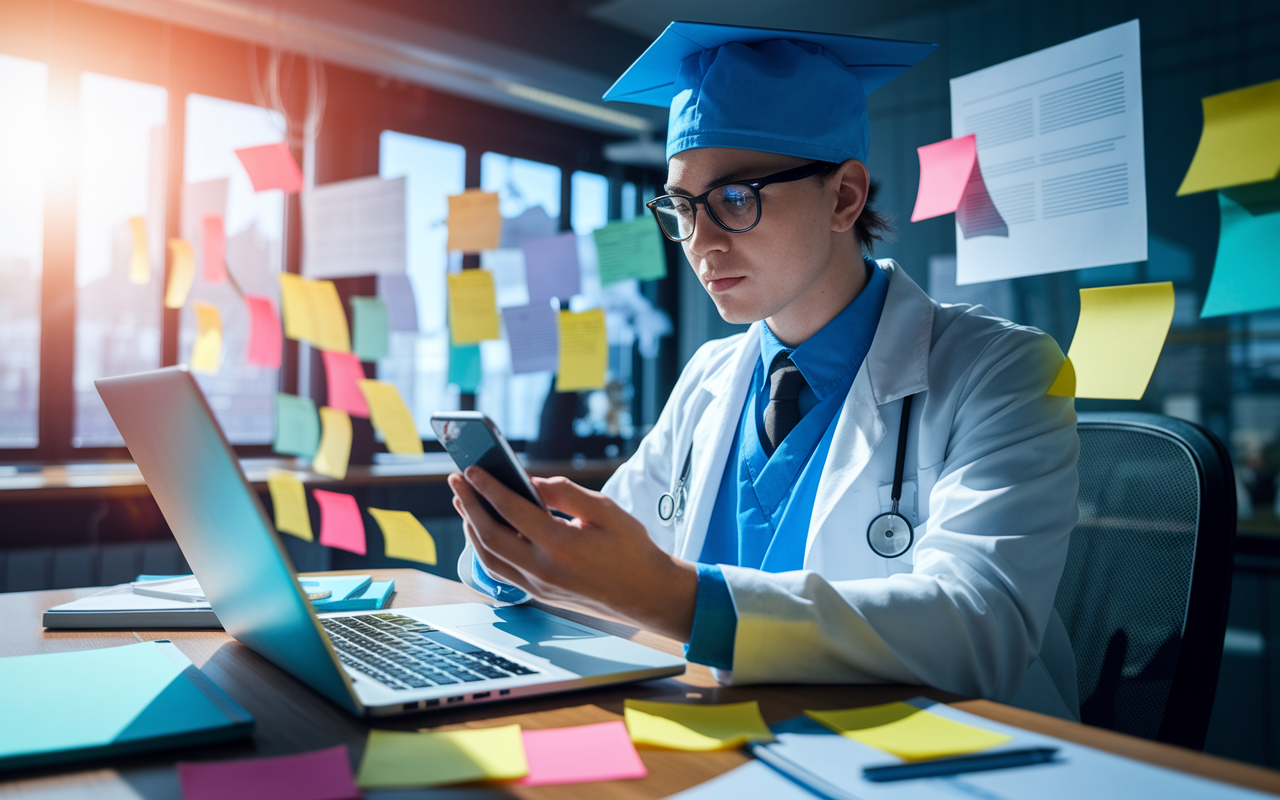 A dynamic scene showing a medical graduate using their smartphone and laptop to communicate with residency programs during the SOAP process. The setting is vibrant, with multiple screens and sticky notes indicating their strategy for success. The graduate appears engaged and alert, while the ambiance is energized with a sense of urgency. Sunlight comes through a window, highlighting the candidate's determination amidst an atmosphere of high stakes and hopes for a residency position.