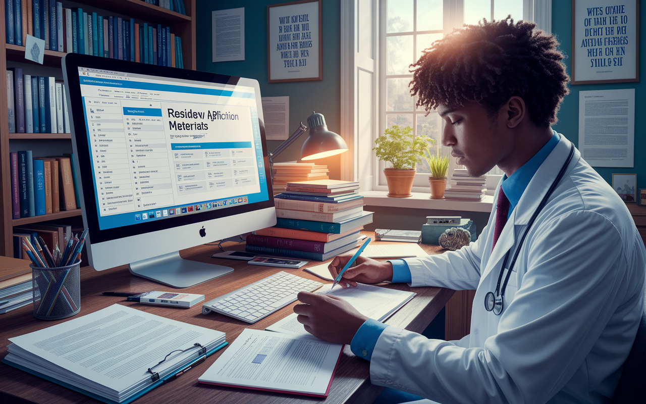 An artistic representation of a medical graduate carefully tailoring their residency application materials, with handwritten notes and a computer displaying various application documents. The scene shows the applicant in a cozy study filled with books and inspirational quotes on the wall. Natural light filters through a window, casting a warm glow on the focused face of the graduate, symbolizing hope and determination in crafting an application that stands out. A sense of personal investment and creativity in the process enhances the dramatic effect.