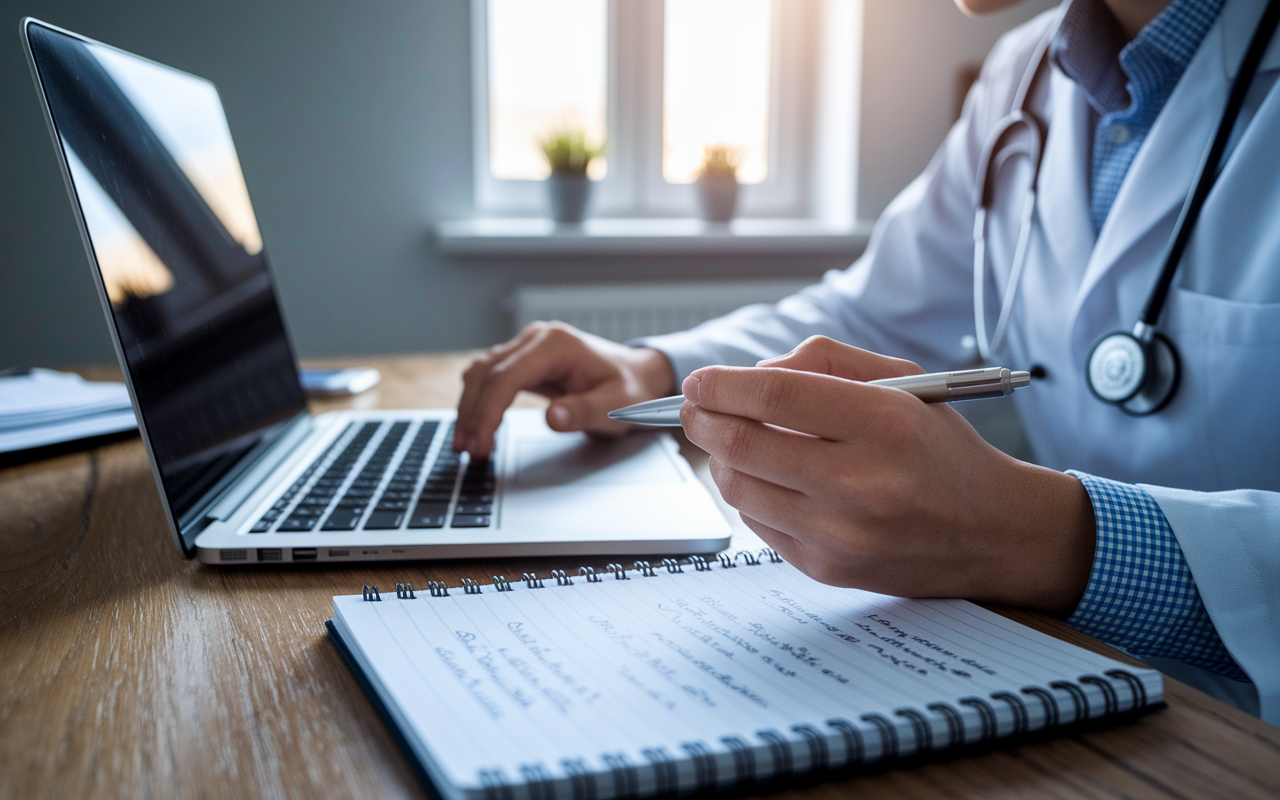 A close-up of a medical graduate composing a professional email on their laptop screen, with expressions of concentration and thoughtfulness. The setting is a well-lit room indicating late hours of preparation during SOAP. On the desk, a notepad holds the names of programs and notes on communication strategies. Ensure hints of excitement and determination are visible in the student's demeanor, as they prepare to convey their interest in residency programs with professionalism and poise.