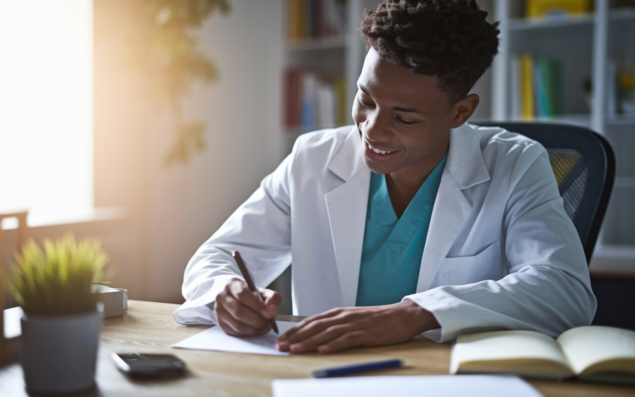 A thoughtful medical graduate writing a thank-you note after a SOAP interview at a comfortable desk with personal touches around. The lighting is soft and warm, creating a friendly atmosphere. The student is smiling slightly, reflecting appreciation as they write. The scene conveys importance and sentiment, with a focus on building ongoing relationships with residency programs, encouraging further interaction.