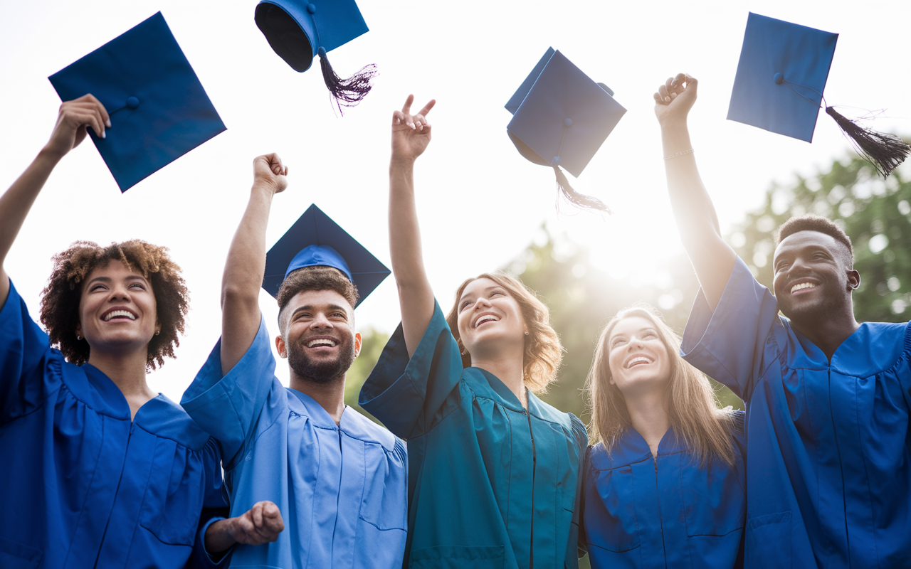 An uplifting scene capturing a diverse group of medical graduates celebrating after successfully navigating the SOAP process. The setting is a soft-focus outdoor area, with each graduate expressing joy and relief. Sunlight shines brightly, symbolizing hope and new beginnings. The image embodies emotion through smiles, laughter, and camaraderie, with graduation caps thrown in the air, reflecting their determination and resilience in overcoming challenges to secure residency positions.