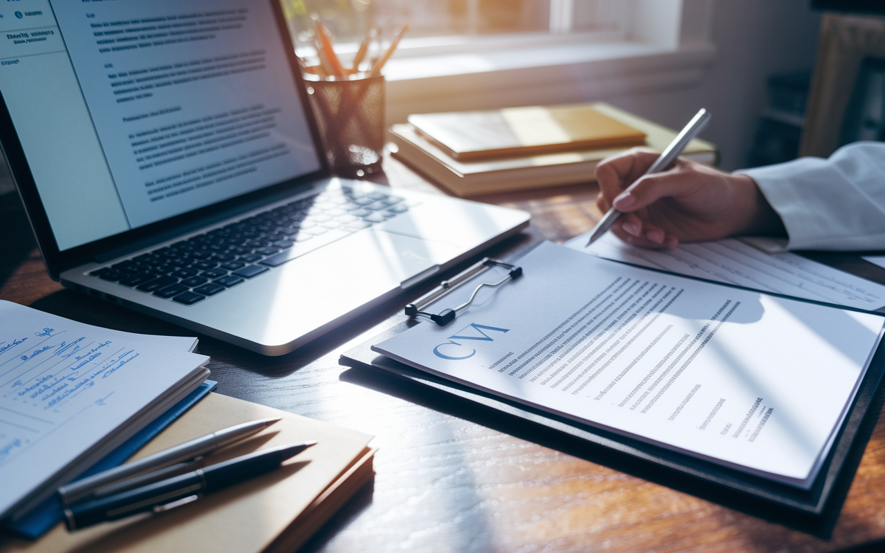 A close-up of a desk cluttered with application materials: a laptop displaying a personal statement document, handwritten notes, a letter of recommendation on professional letterhead, and a well-structured CV. Soft morning light filters through the window, casting warm tones over the scene, reflecting the effort and dedication of a medical candidate preparing their application materials for the SOAP process.