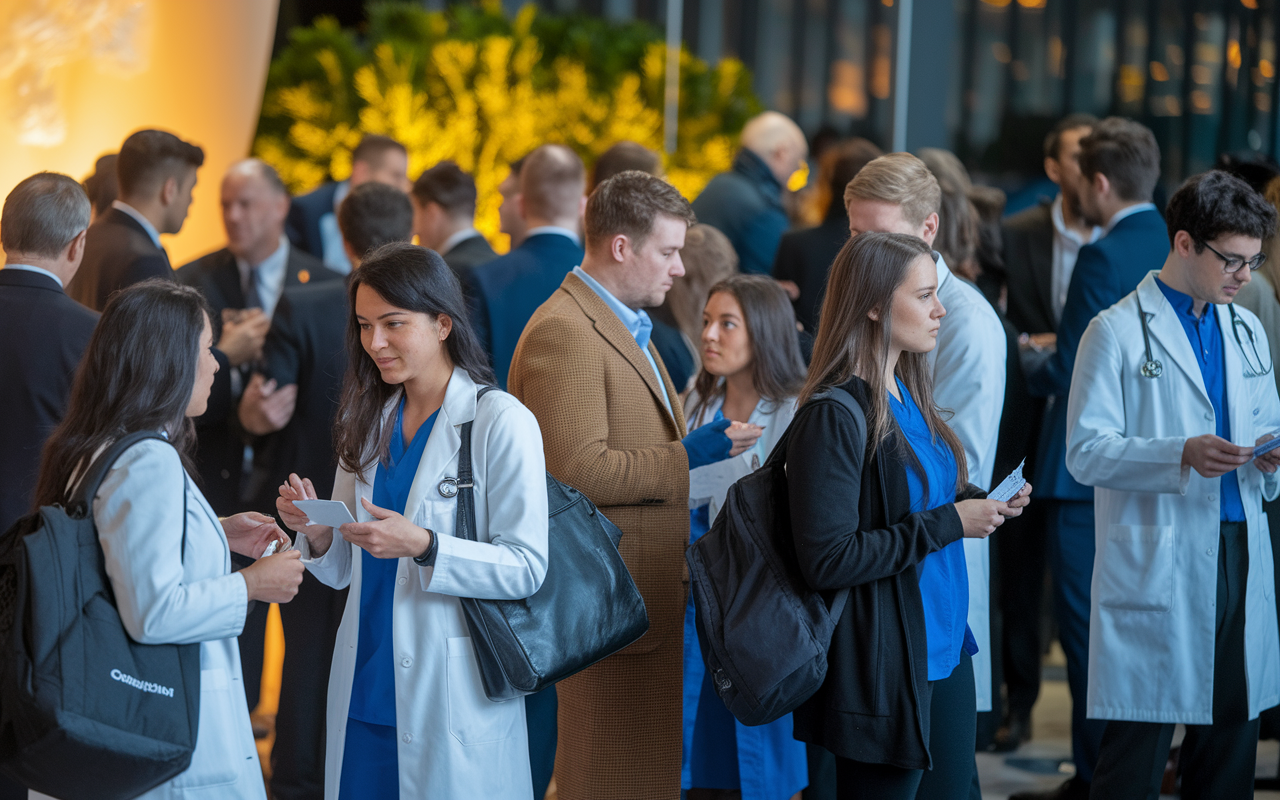 A networking event scene featuring medical students and faculty engaging in discussions. Attendees are mingling, some exchanging business cards, while others are engaged in focused conversations. The setting is warm and inviting, with soft lighting creating a comfortable atmosphere, symbolizing the collaborative spirit and camaraderie essential for candidates navigating the SOAP process.