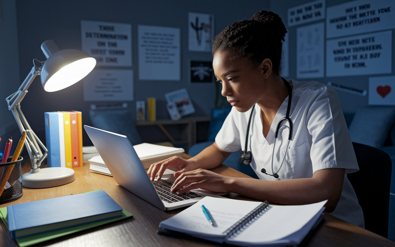 A focused medical graduate in a cozy study environment, passionately typing their personal statement on a laptop. The room is filled with warm light from a desk lamp, casting a glow on the handwritten notes and medical textbooks scattered around. An atmosphere of determination and creativity is palpable, with motivational quotes on the walls and a vision board showing goals and aspirations.