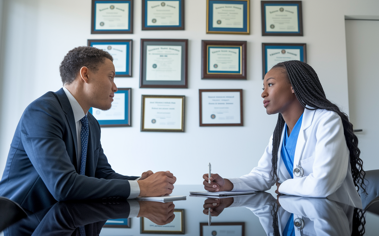 A tense yet focused scene where a medical graduate is participating in a mock interview with a mentor in a bright, professional setting. They are seated across from each other at a polished table, with a notepad and pen ready for notes. The mentor is providing thoughtful feedback while the graduate takes notes, surrounded by a backdrop of medical diplomas and framed achievements, illustrating preparation and ambition.