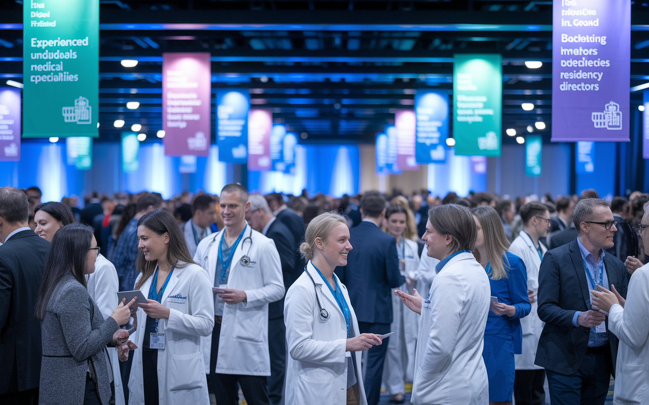 A vibrant networking event filled with medical professionals in a conference hall, where a group of medical graduates connects with experienced mentors and residency directors. The atmosphere is energetic, with banners displaying various medical specialties. Gentle lighting creates a welcoming ambiance as individuals exchange business cards and engage in enthusiastic conversations, representing opportunities and hope.