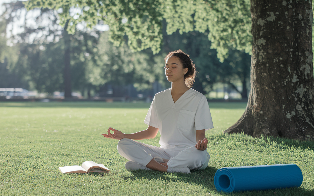 A serene scene depicting a medical graduate practicing self-care in a peaceful park setting. They are meditating on a grassy patch under a tree, wearing comfortable attire. The sunlight filters through the leaves, creating a tranquil atmosphere. Nearby, an open book and a yoga mat suggest their commitment to well-being, emphasizing balance amidst the stress of the SOAP process.