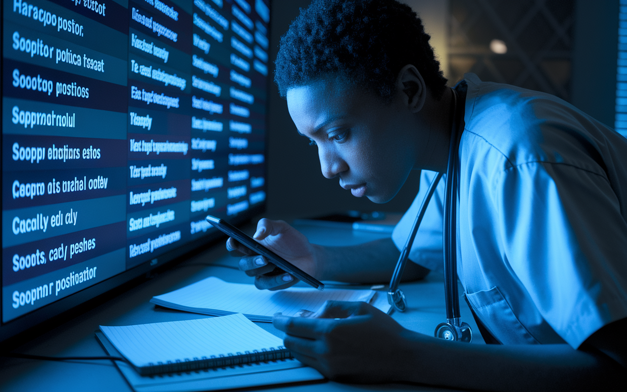 A focused medical graduate intensely monitoring a dynamic digital board displaying SOAP position listings. The screen glows brightly in a dark room, reflecting determination in their eyes. Notes and a smartphone are nearby, indicating readiness to act quickly to secure a position, showcasing agility and proactivity within a tense environment.